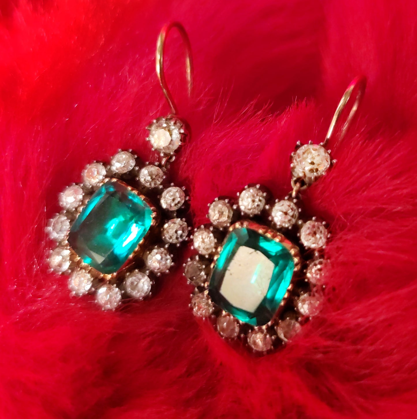 French emerald green and clear paste halo earrings.