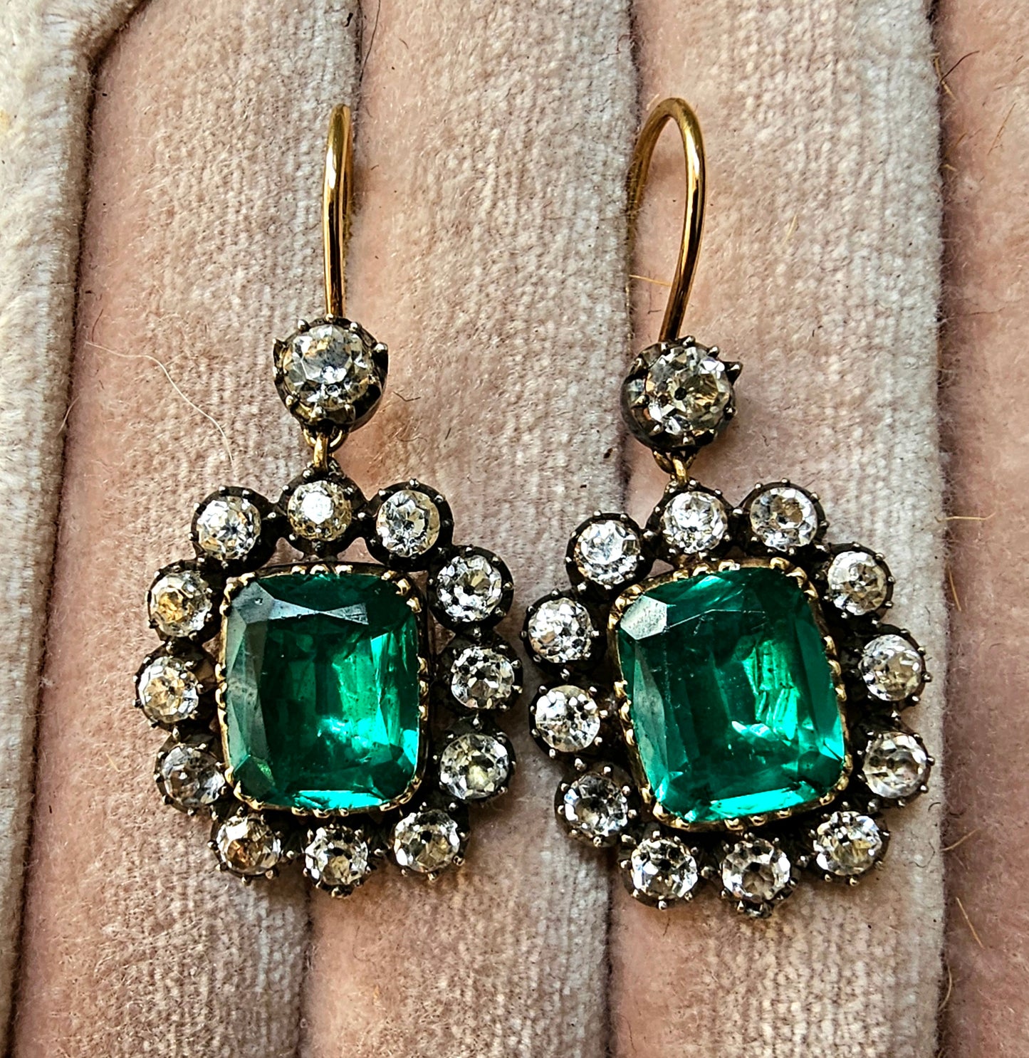 French emerald green and clear paste halo earrings.