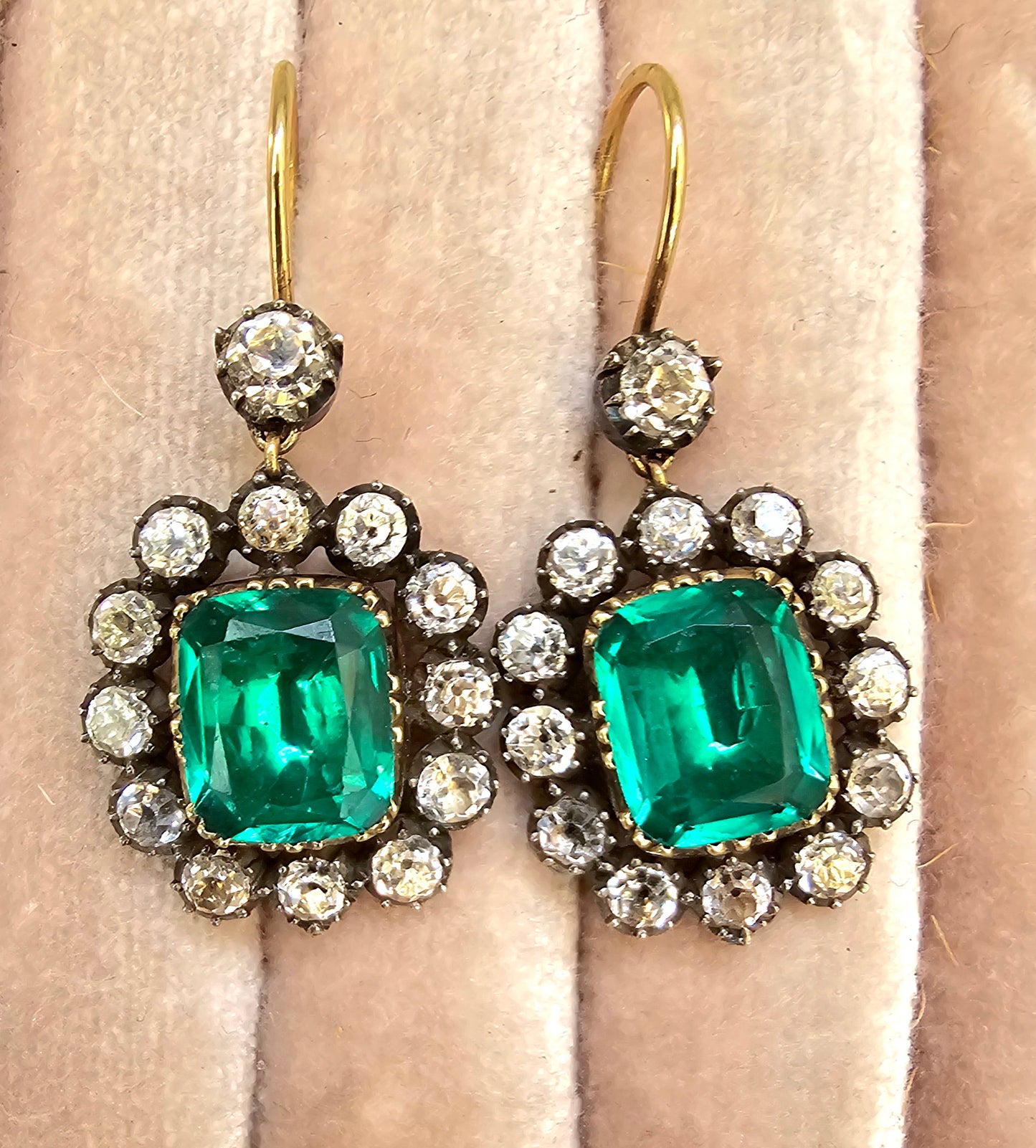 French emerald green and clear paste halo earrings.