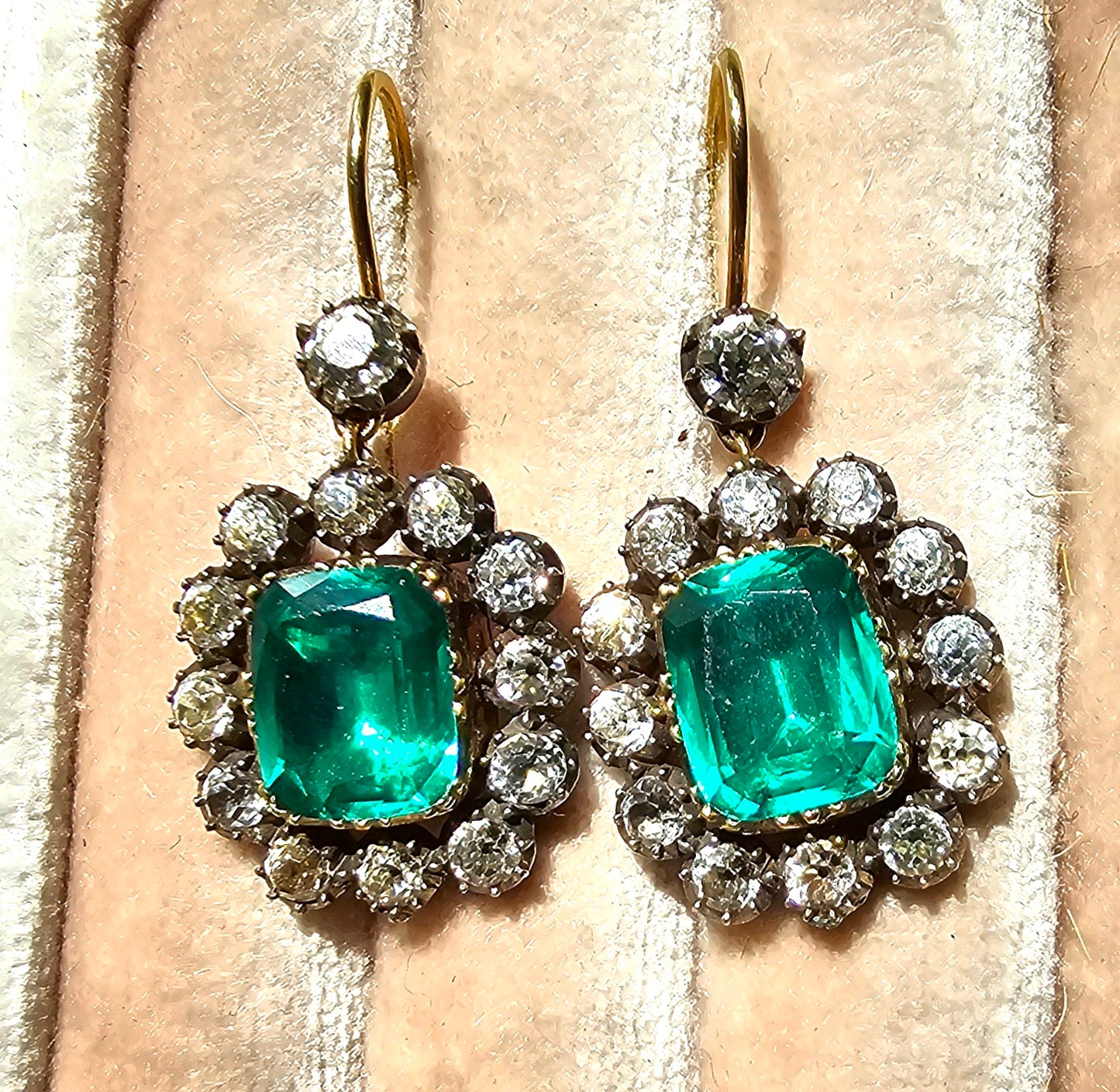 French emerald green and clear paste halo earrings.