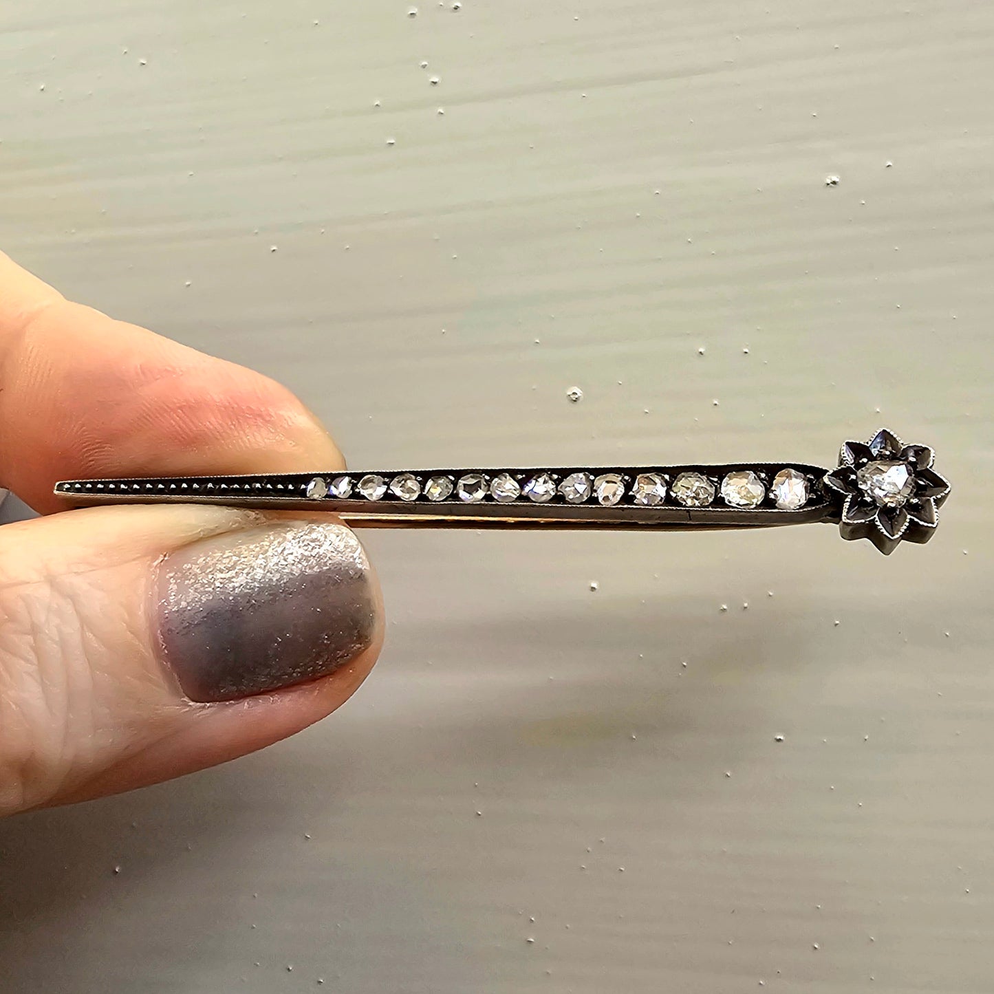 Edwardian magical wand pin with rose cut diamonds