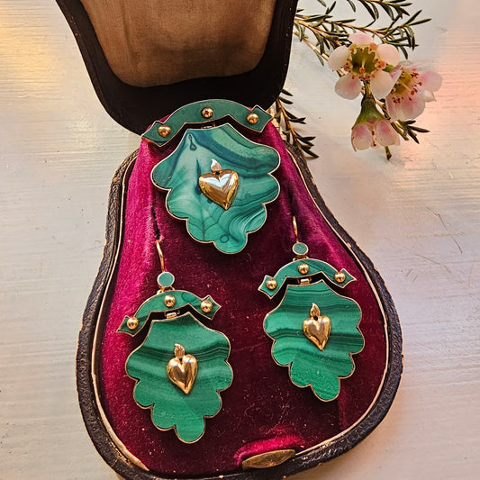 Malachite and gold leaves with burning hearts, set with brooch and earrings.