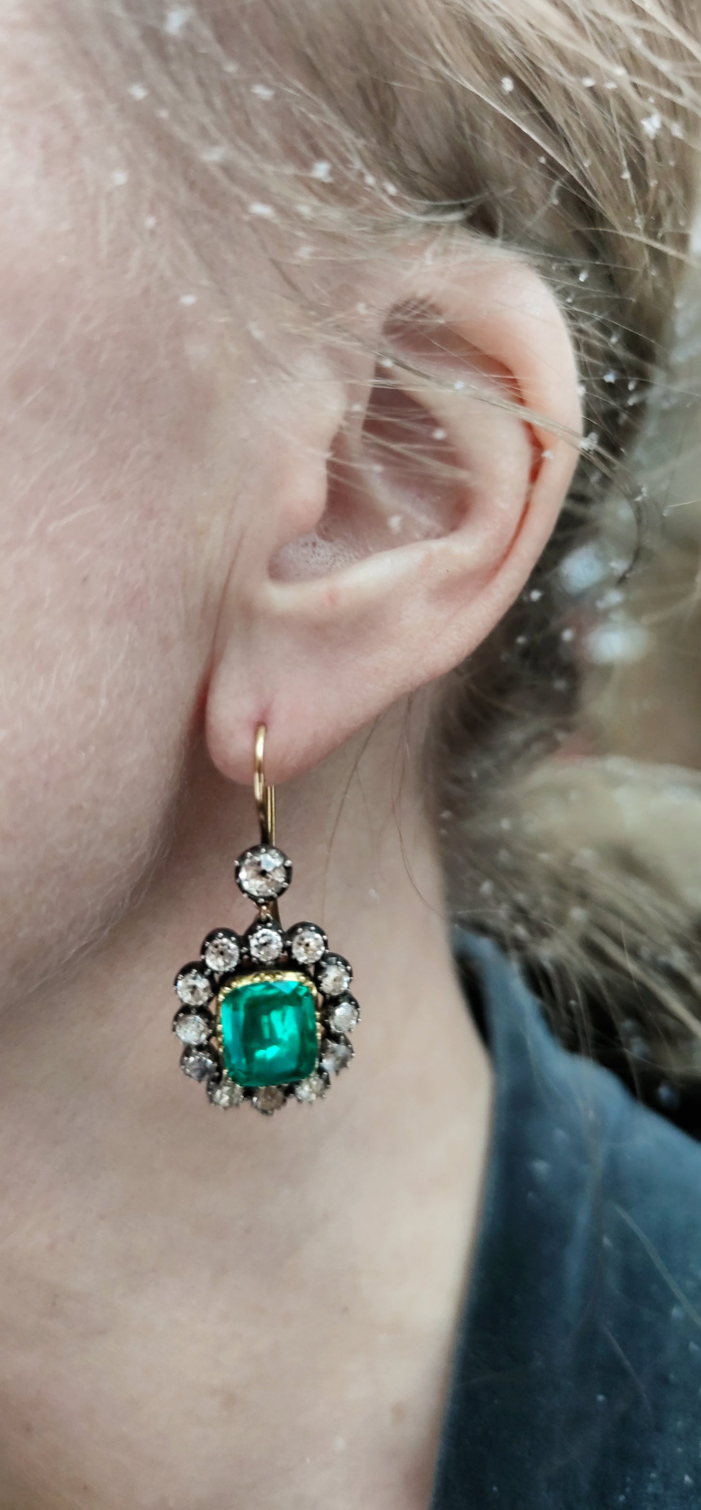 French emerald green and clear paste halo earrings.