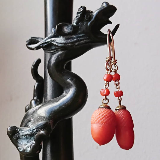 The Antique "Great oaks from little acorns grow" carved coral earrings - Medea's Mix