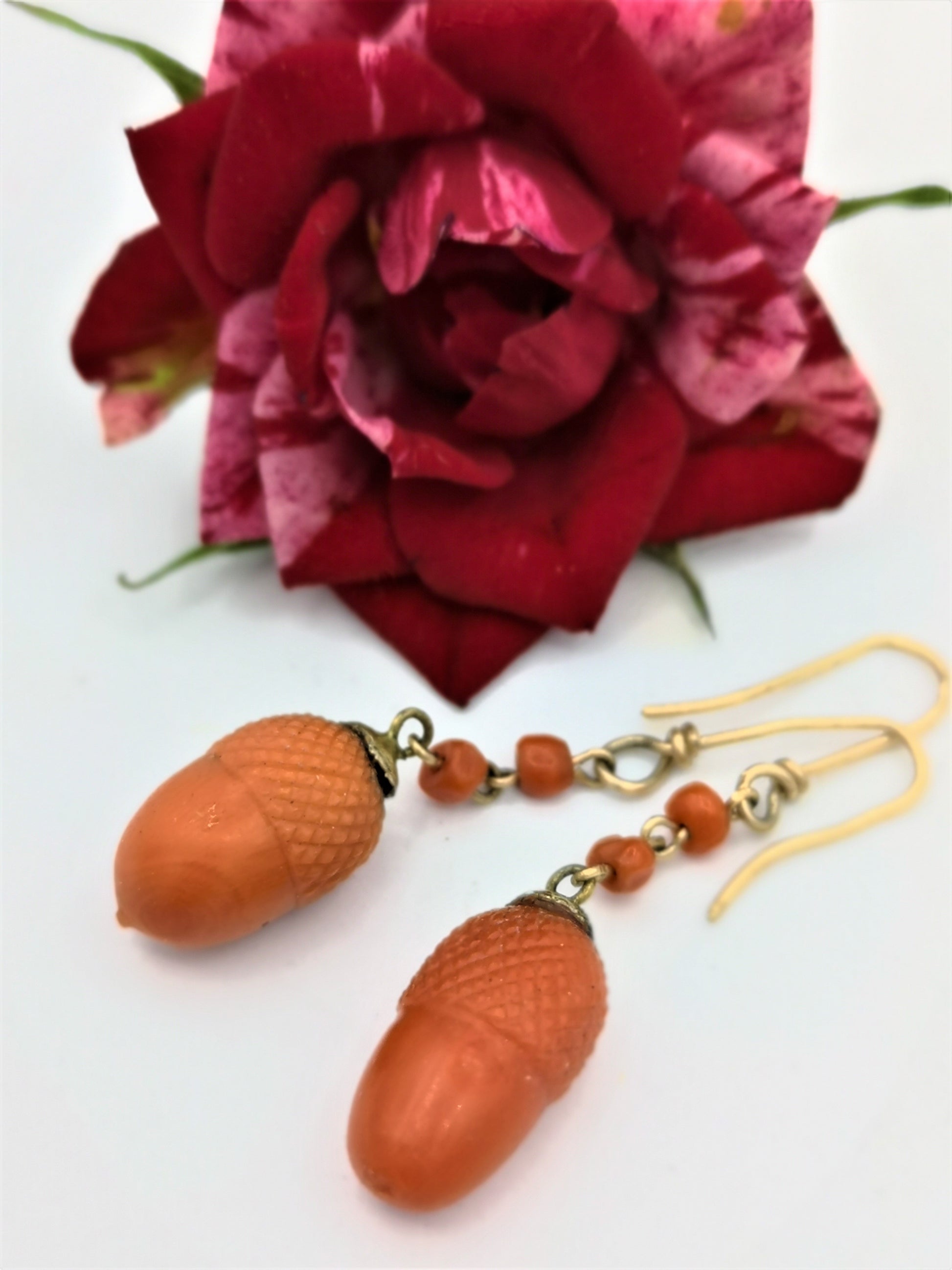 The Antique "Great oaks from little acorns grow" carved coral earrings - Medea's Mix